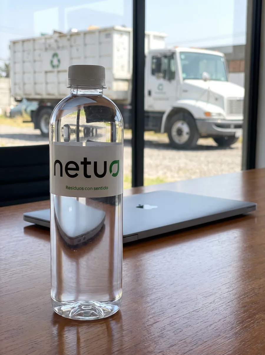 Botella de 500 ml con etiqueta blanca sobre el escritorio de una empresa de reciclaje